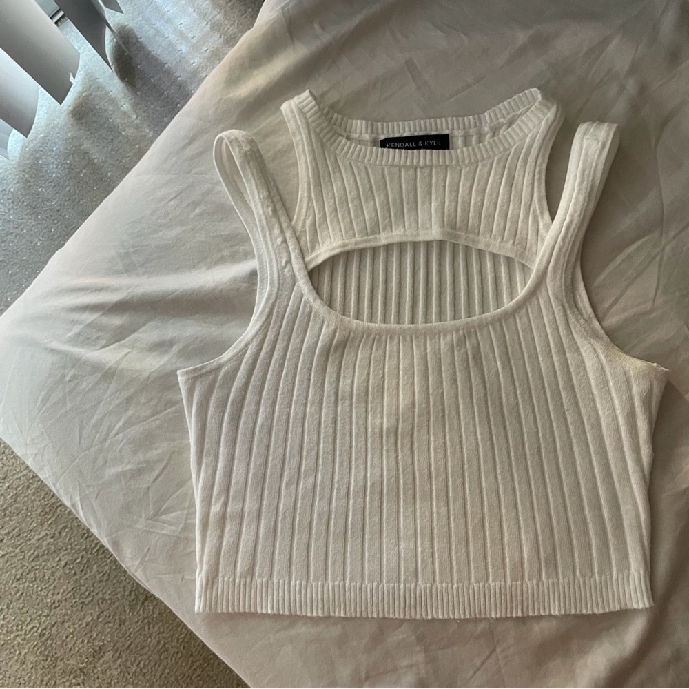 White Ribbed Double-Strap Cutout Crop Top